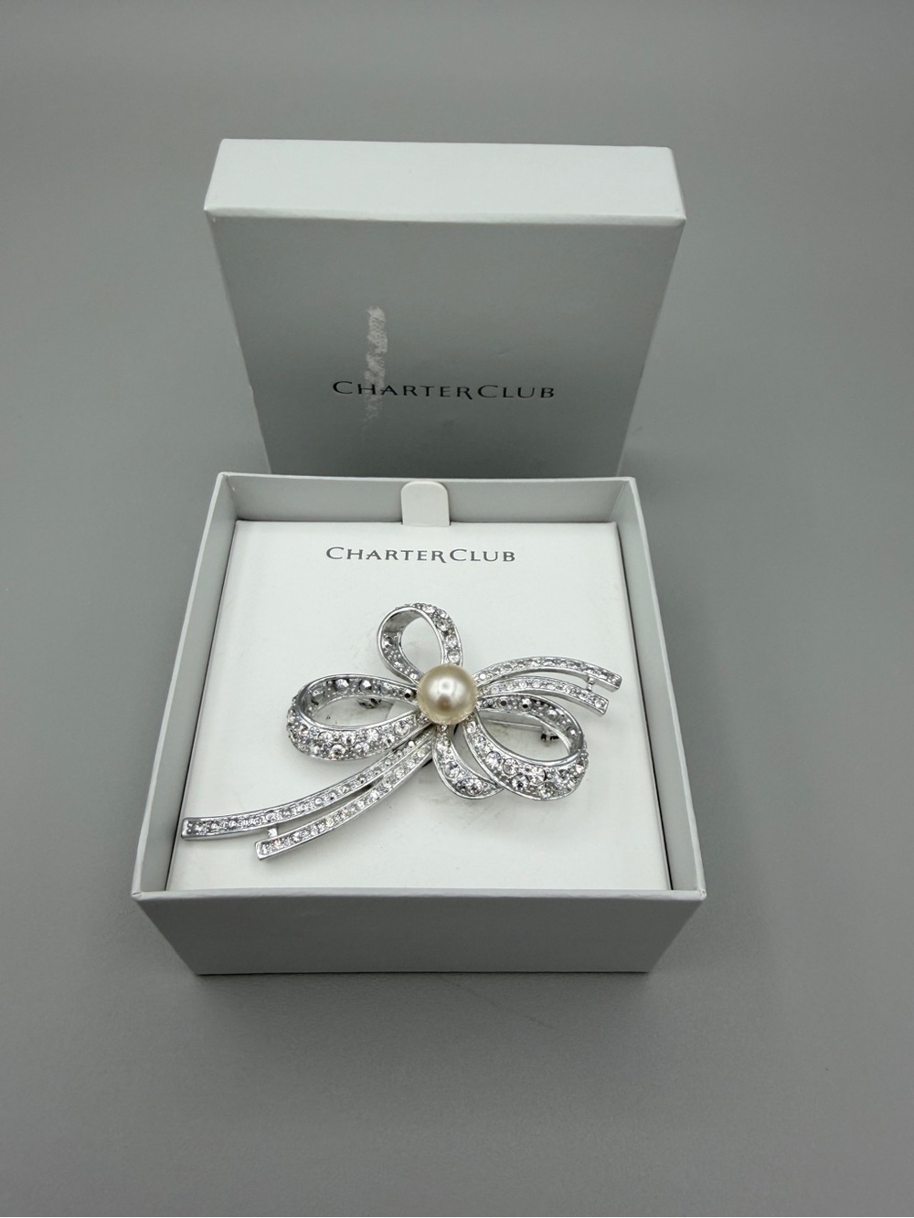 Charter Club Silver Bow Brooch with Pearl Center and Clear Crystals